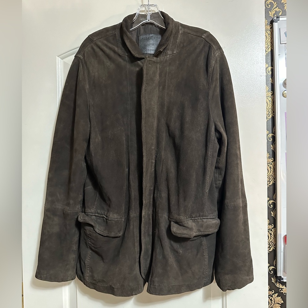All Saints Dark Chocolate Suede Men’s Relaxed Fit Jacket with Zipper L